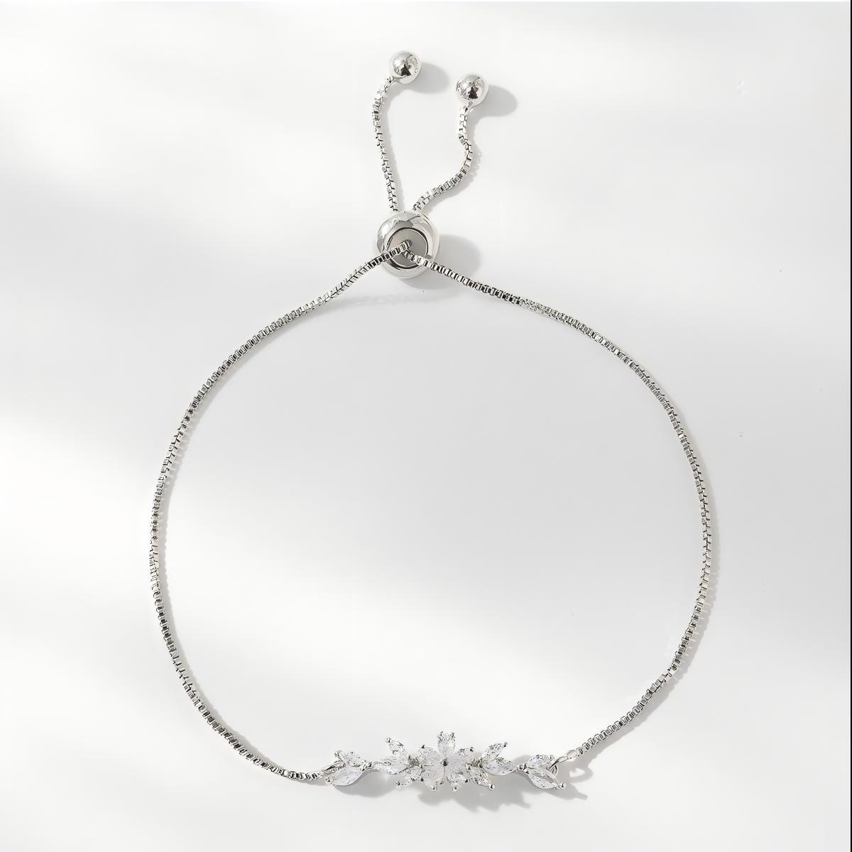 1pcs Fashionable Zircon Bracelet Silver Flower Leaf Drawstring Design Chain Inlaid Gold - plated Bracelet Suitable For Women's Daily Holiday Wear - silverfoxgoods